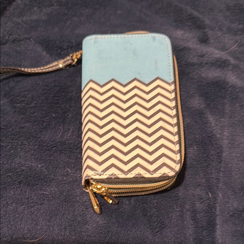 Blue and Tan Chevron Wallet with Zipper Closure